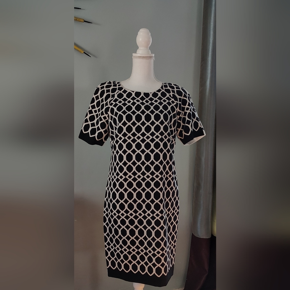 Taylor Women's Sheath Dress Size 8 Geometric Print Short Sleeve Crew Neck Lined